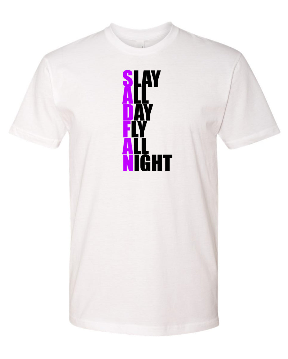 White TShirt SADFAN Purple/Black Print